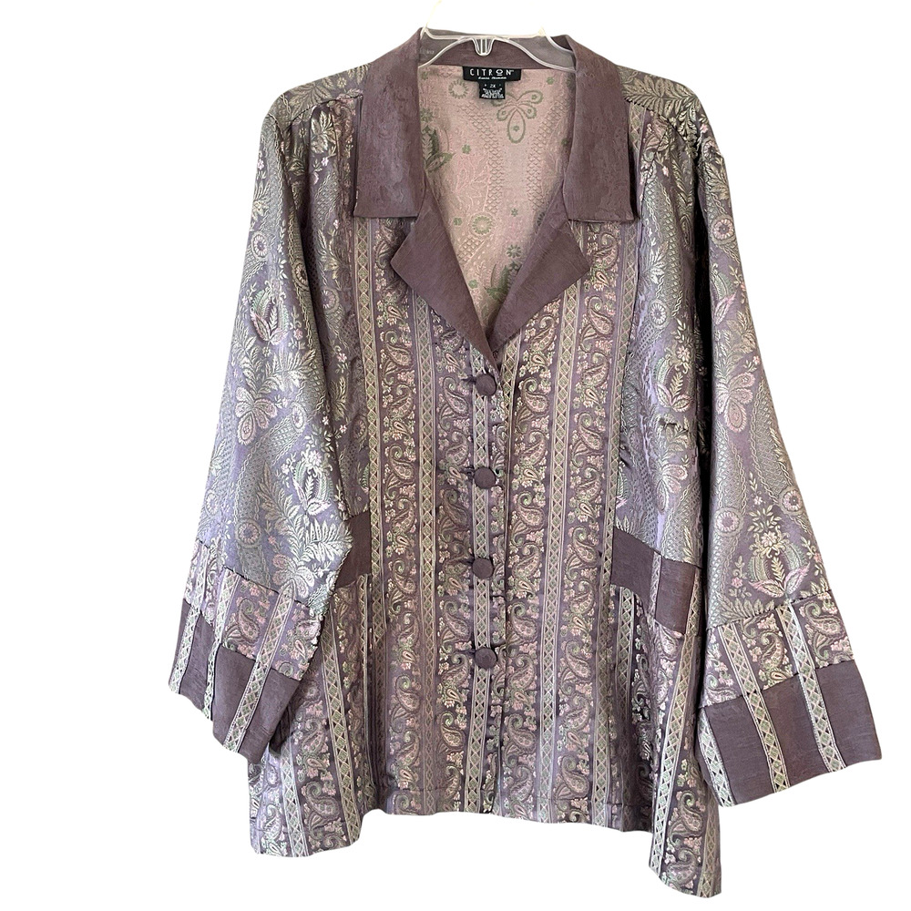 CITRON SANTA MONICA Women 2X Purple Green Paisley Silk Blend Button-Up Jacket